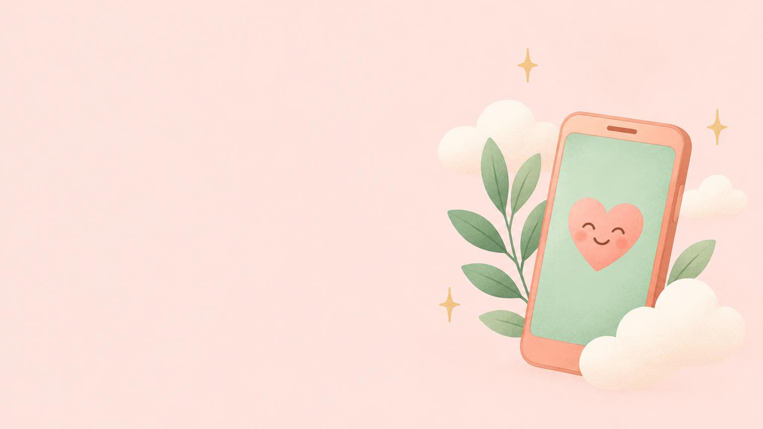 A smiling heart on a phone, surrounded by soft clouds and green leaves